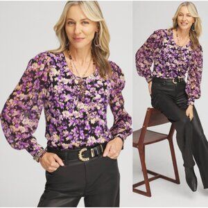 CHICO'S Floral Organza Sleeve Jersey Knit Top Purple Black Size 0 (US S)